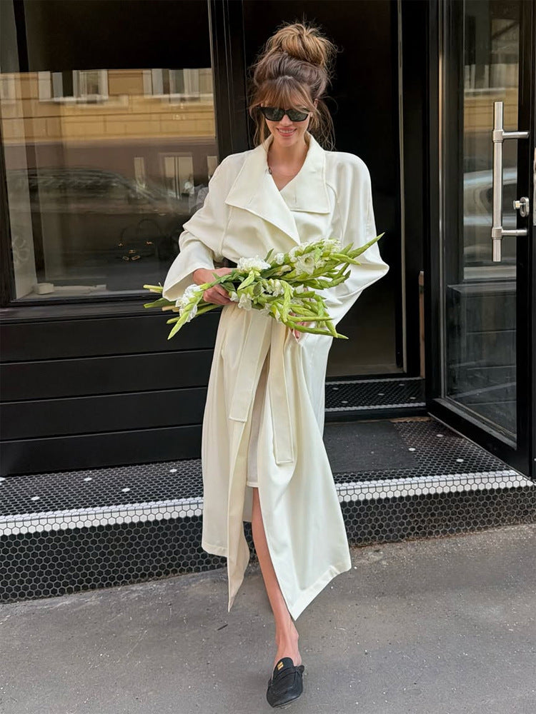 Women’s Maxi Long Wrap Coat made from flowing material with wide shawl collar Mune Fashion