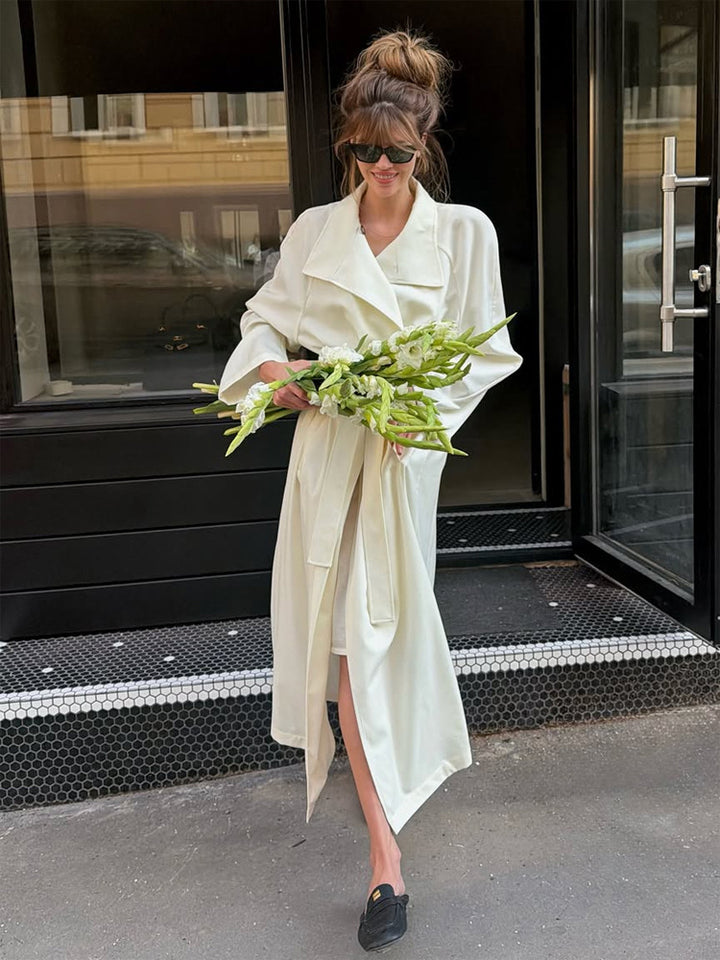 Women’s Maxi Long Wrap Coat made from flowing material with wide shawl collar Mune Fashion