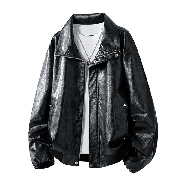Men's Oversize Faux Leather Bomber Jacket with Wide Lapel Collar, Two-Way Zipper & Ribbed Cuffs Mune Fashion