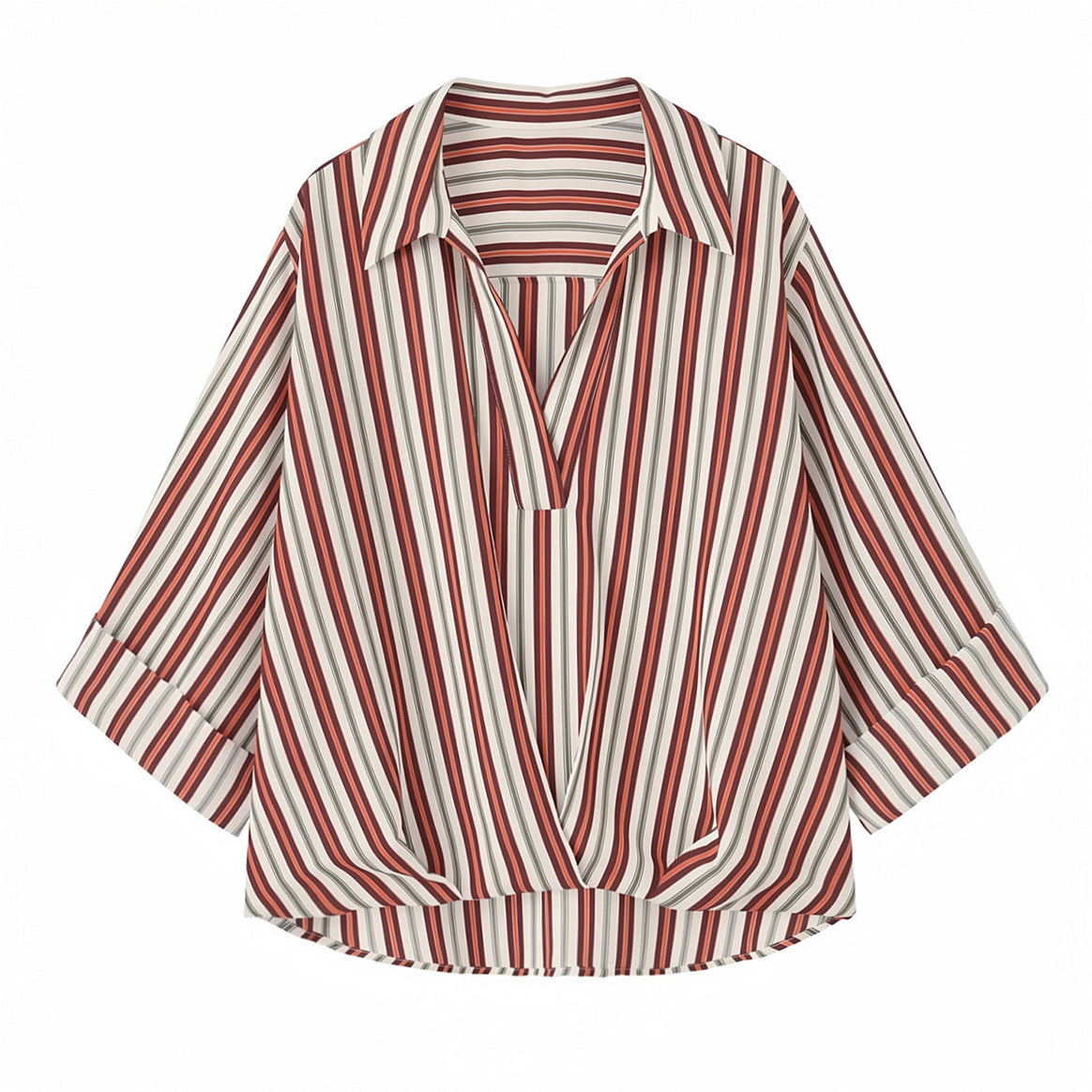 Women's Striped Blouse with V-Neck, Loose Fit and Three-Quarter Sleeves Mune Fashion