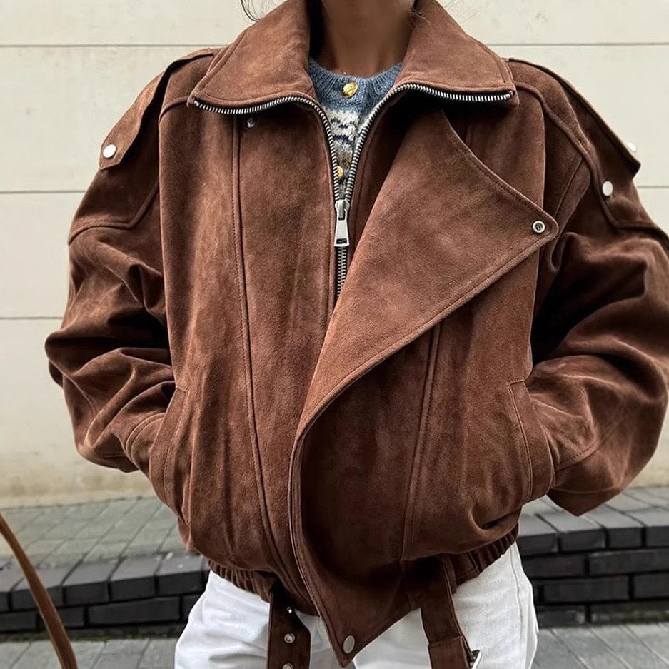 Women's oversized velour biker jacket with stand-up collar, shoulder flaps, and adjustable hip belt Mune Fashion