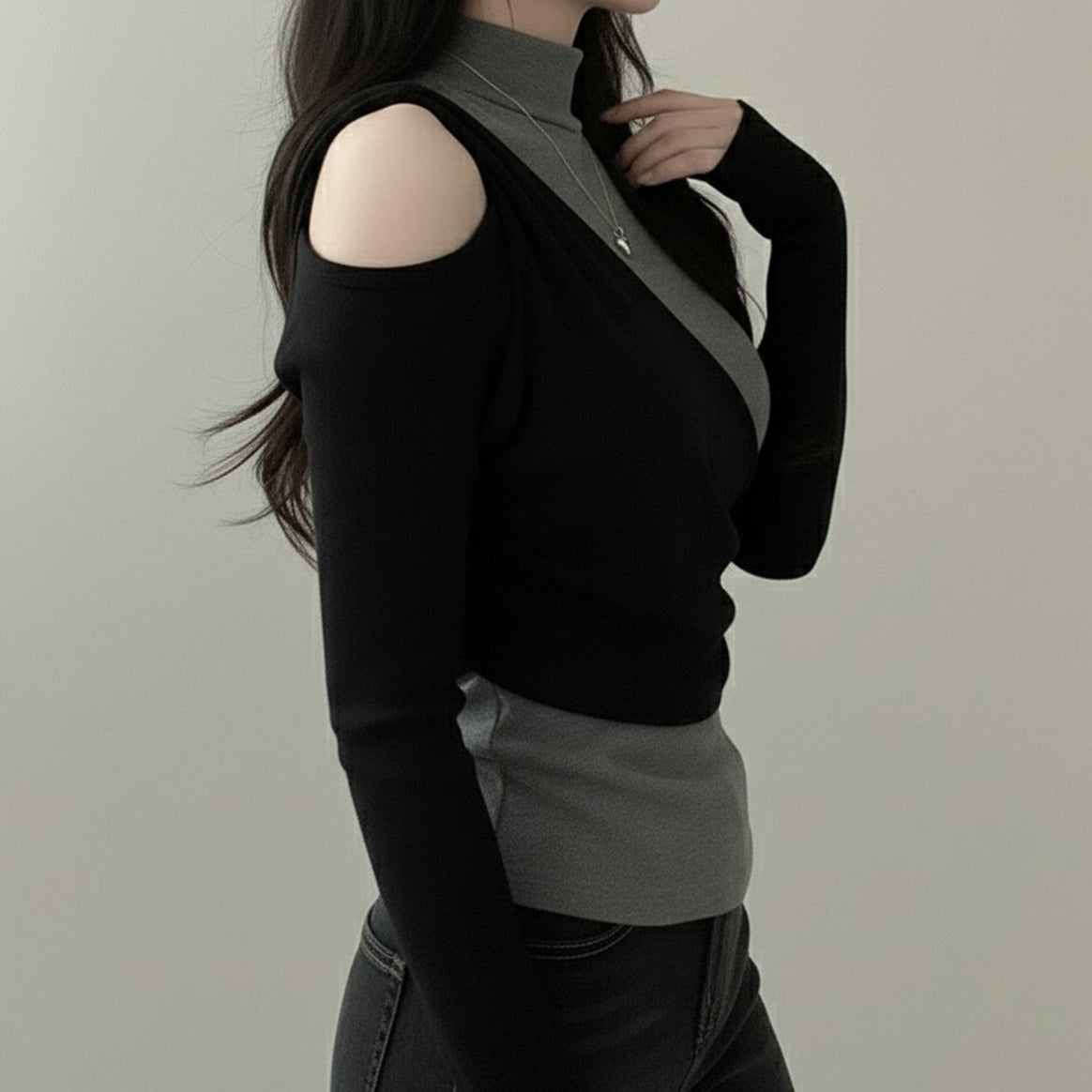 Women's Asymmetric Long Sleeve Top with Stand-Up Collar, Cut-Out Shoulder and Layered Look Mune Fashion