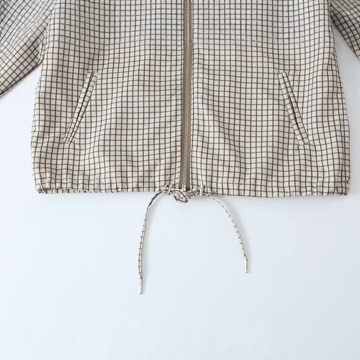 Women Lightweight Hooded Boxy Transitional Jacket with Check Grid Print, Drawstring and Elastic Cuffs Mune Fashion