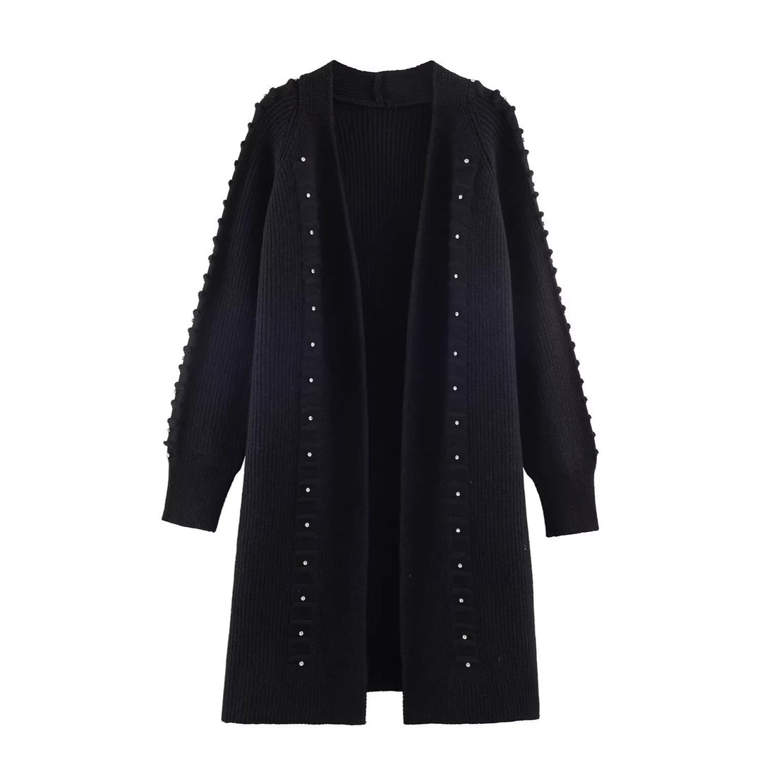 Women Longline Knit Cardigan with Pearl Trim and Ribbed Cuffs Mune Fashion
