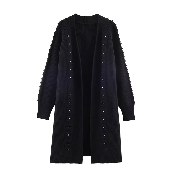 Women Longline Knit Cardigan with Pearl Trim and Ribbed Cuffs Mune Fashion