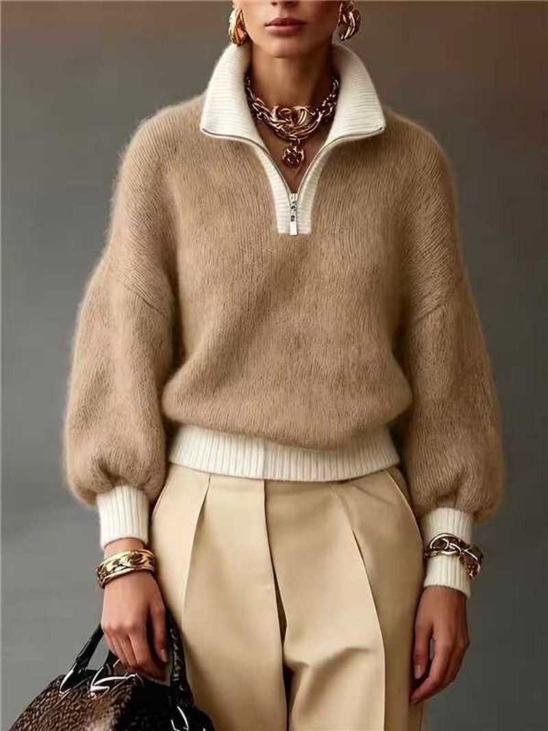 Women's Fluffy Sweater with Half Zipper, Stand Collar and Balloon Sleeves Mune Fashion