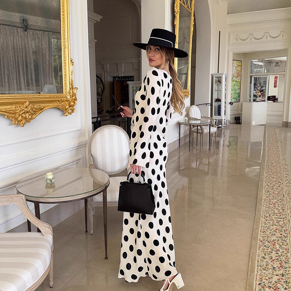 Women's Figure-Hugging Polka Dot Maxi Dress with Trumpet Sleeves & Round Neckline Mune Fashion