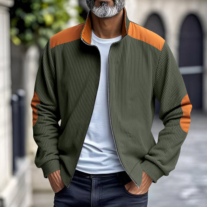 Men's ribbed stand-up collar sweat jacket with full zip, shoulder and elbow patches Mune Fashion