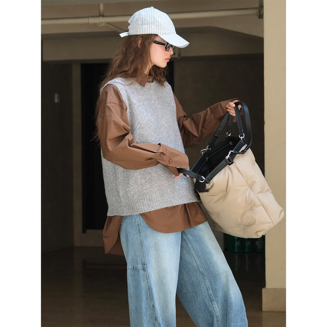 Women Soft Oversized Knit Vest made of Wool Blend with Round Neckline Mune Fashion