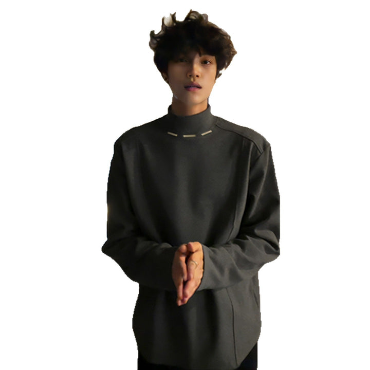 Men's Slim-Fit Long Sleeve Shirt with High Stand Collar and Decorative Metal Stripes Mune Fashion