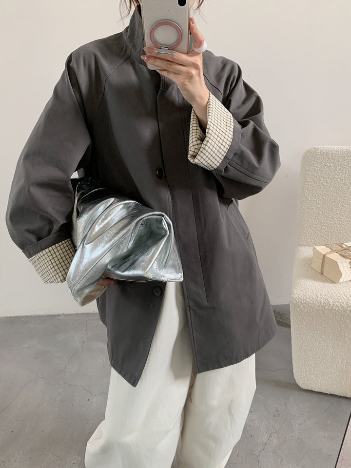 Women Oversized Coat with Stand-Up Collar and Checked Sleeve Hem Mune Fashion