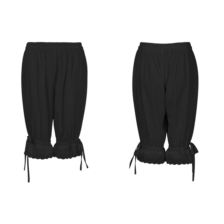 Ladies gathered capri pants with elastic waistband, tie ribbons at the hem and lace trim