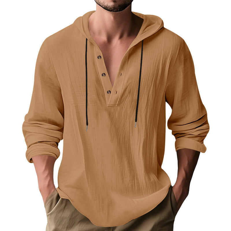 Men's casual linen shirt with hood and Henley button placket Mune Fashion