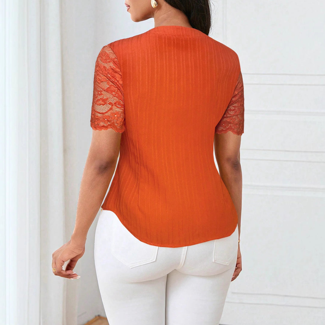 Women's Fitted Short Sleeve Blouse with Lace Sleeves and Button Placket Mune Fashion