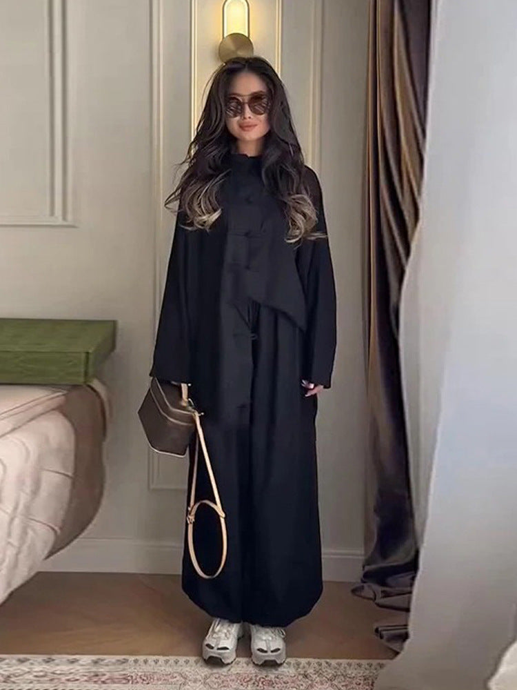 Women Two-Piece Oversize Lounge Set with Stand-Up Collar and Decorative Knot Closures Mune Fashion