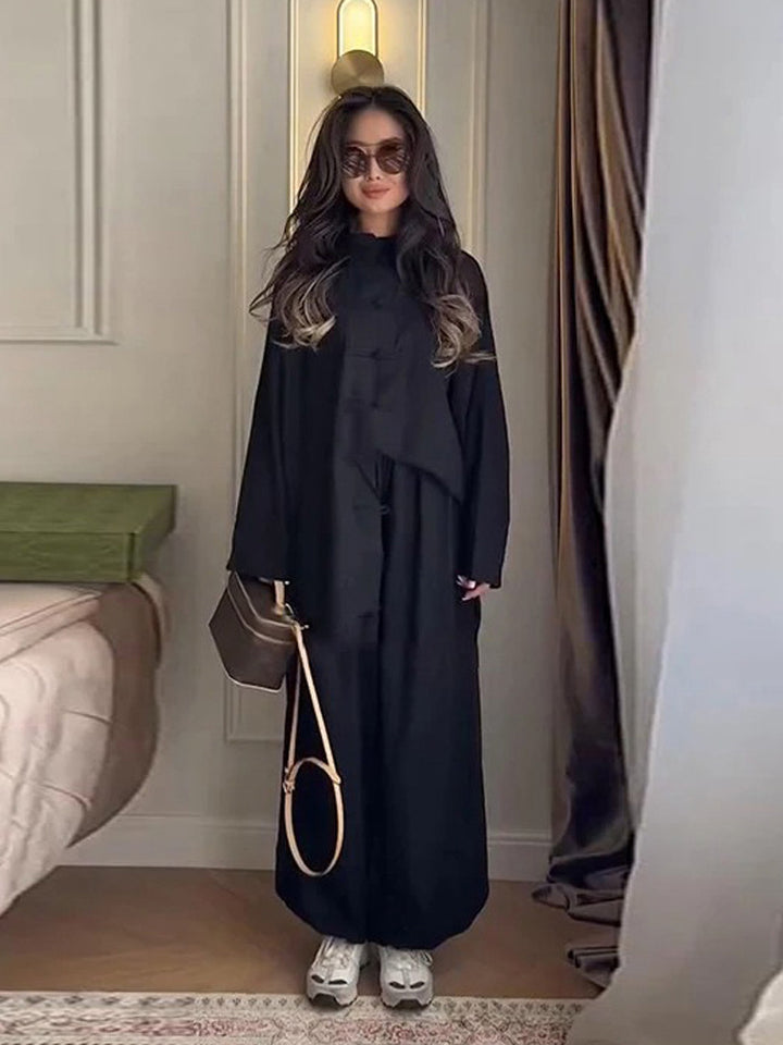 Women Two-Piece Oversize Lounge Set with Stand-Up Collar and Decorative Knot Closures Mune Fashion