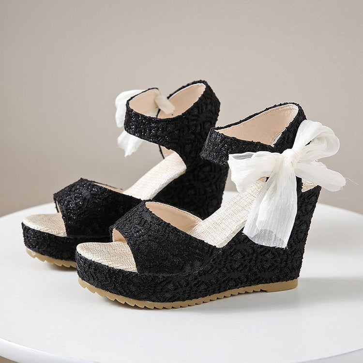 Women nan romantic wedge sandal with lace look and organza bow Mune Fashion