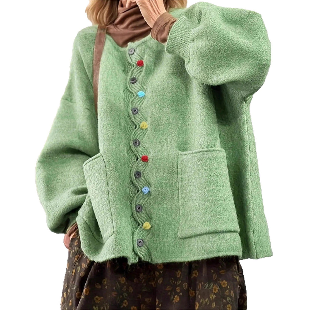 Women's Oversized Knit Cardigan with Decorative Button Placket and Patch Pockets Drune