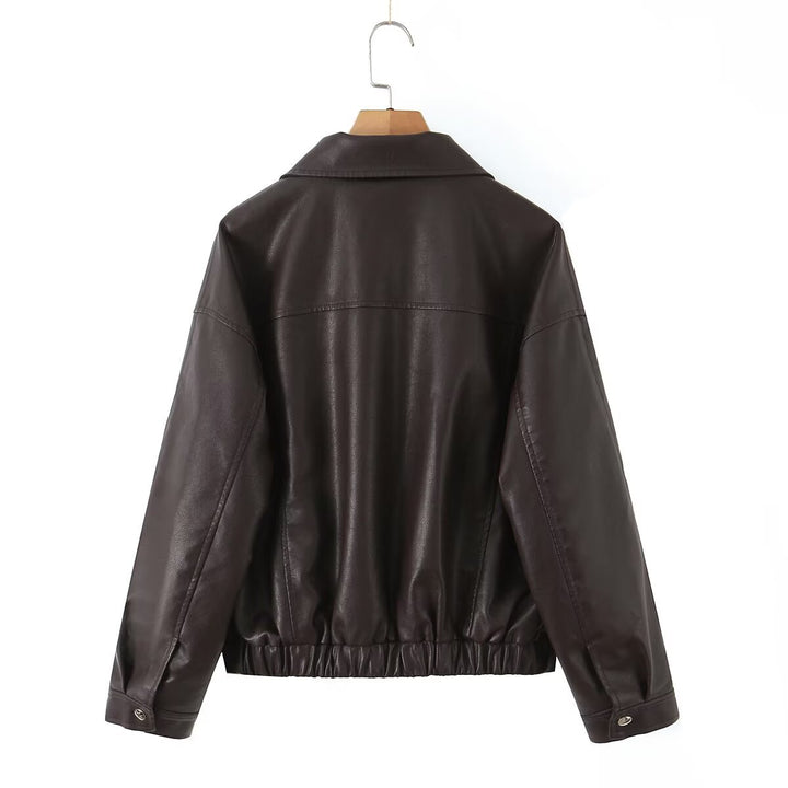 Women Oversized Faux Leather Bomber Jacket with Flap Pockets and Asymmetrical Zipper Mune Fashion