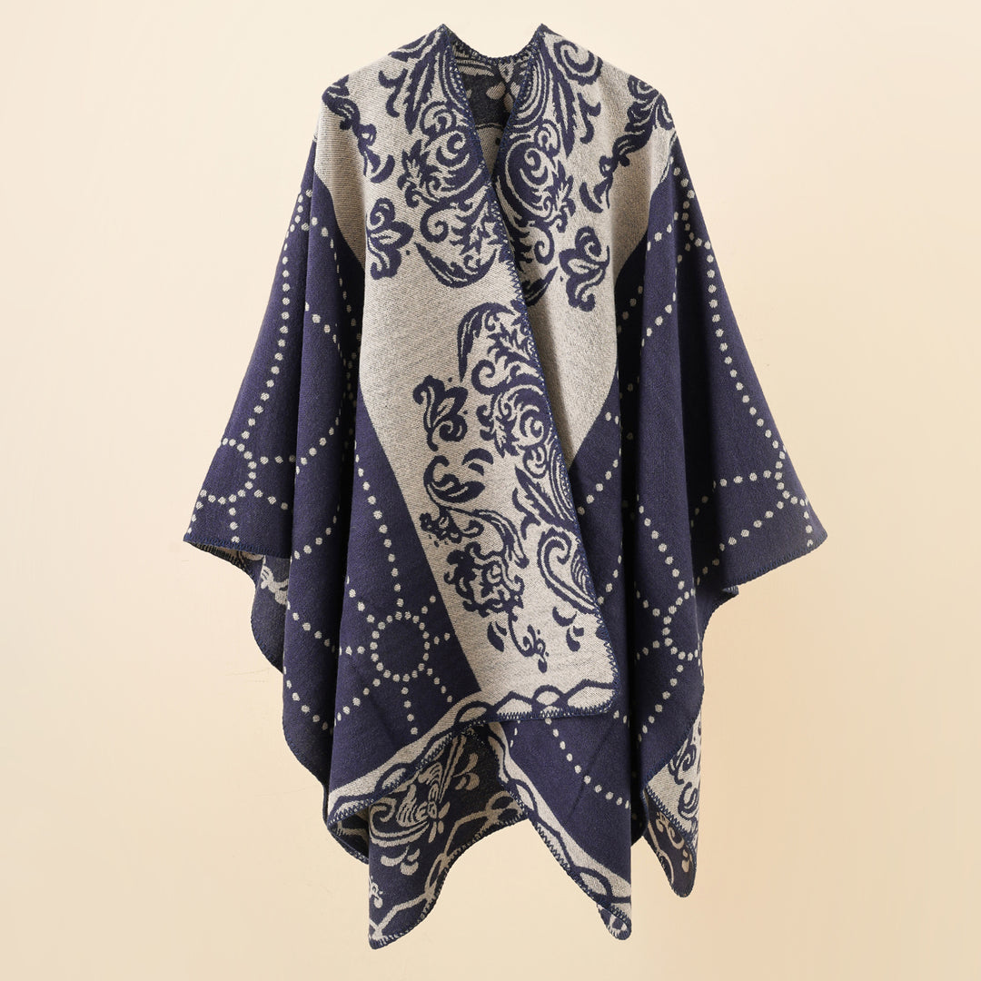 Women's Jacquard Ruana in cape style with contrasting chain hem Mune Fashion