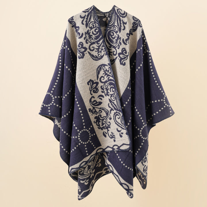 Women's Jacquard Ruana in cape style with contrasting chain hem Mune Fashion