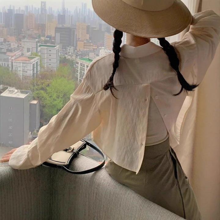 Women's Cropped Oversized Shirt Blouse in Linen Look with Back Slit and Decorative Button Placket Mune Fashion