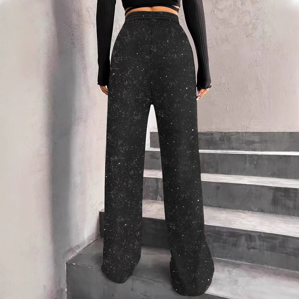 Women's wide knit pants with high-waisted waistband and drawstring Mune Fashion