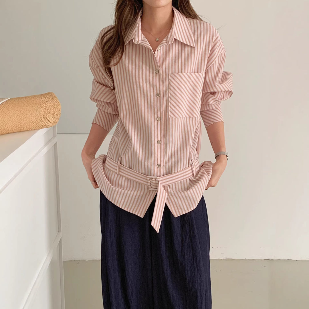 Damen Elegante gestreifte Bluse mit Gürtel Mune Fashion