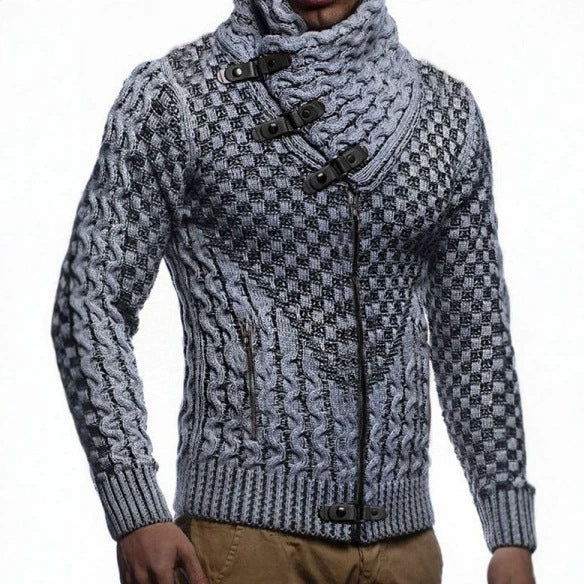 Men's chunky knit cardigan with asymmetric wrap collar and zipper Mune Fashion