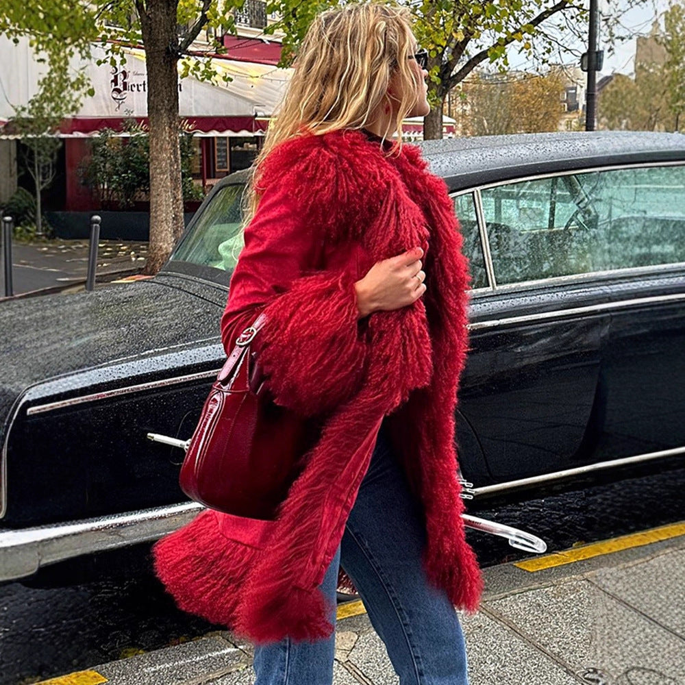 Women Longer Faux Fur Coat with Voluminous Shawl Collar and Decorative Fur Cuffs Mune Fashion