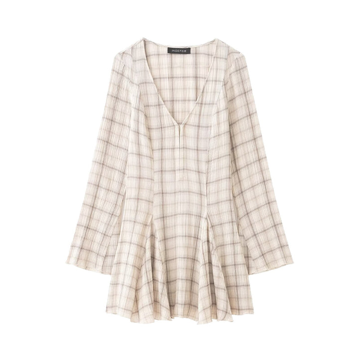Women's Lightweight V-Neck Midi Dress with Check Pattern, Tailored Godet Skirt and Crinkle Structure Mune Fashion