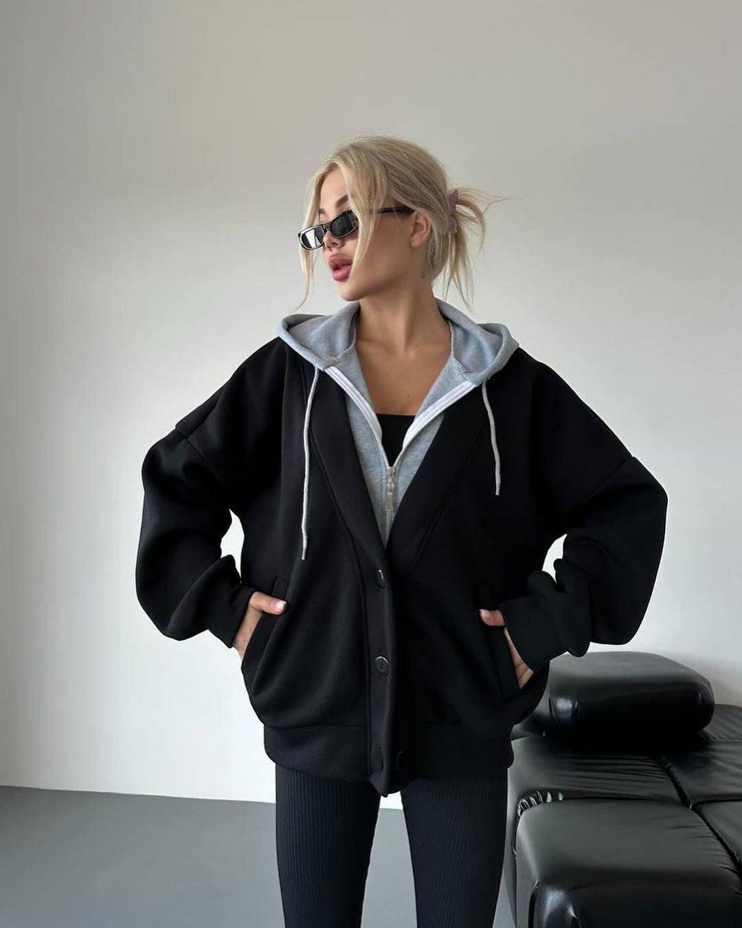 Women Oversized Hooded Jacket with Snap Button Closure and Side Pockets Mune Fashion