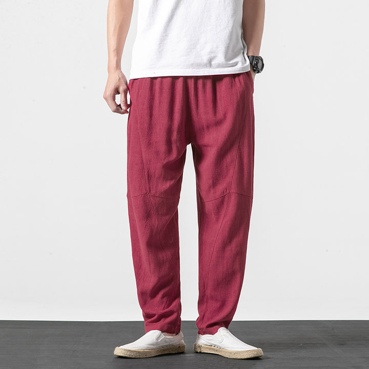 Men's Soft Linen Blend Lounge Pants with Dropped Crotch, Elastic Waistband, and Tapered Leg Mune Fashion