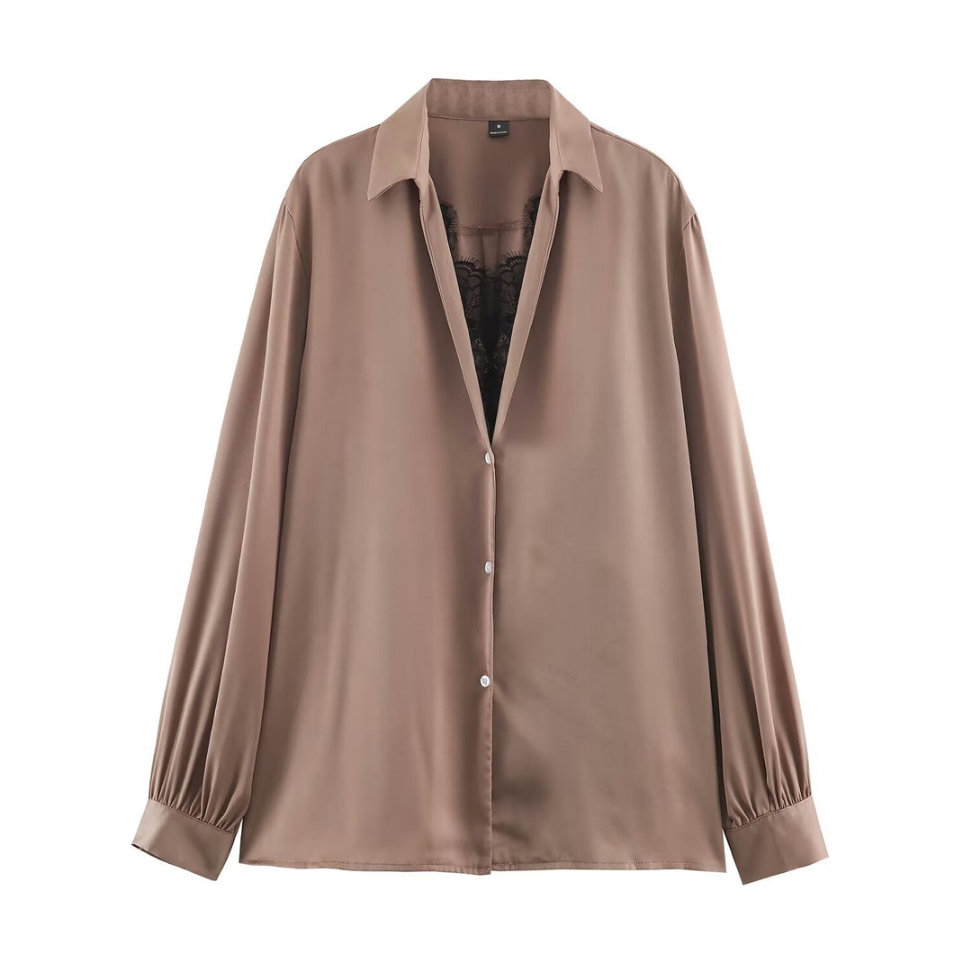 Women's Silky Oversized Blouse with Lace Insert and Shirt Collar Mune Fashion