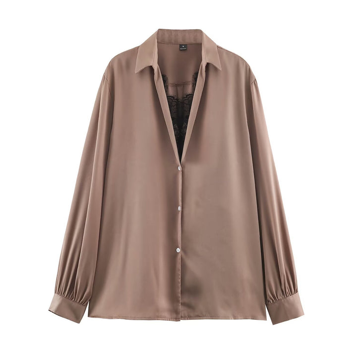 Women's Silky Oversized Blouse with Lace Insert and Shirt Collar Mune Fashion