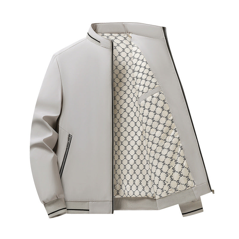 Men's Lightweight Bomber Jacket with Stand Collar, Zipper & Patterned Satin Lining Mune Fashion