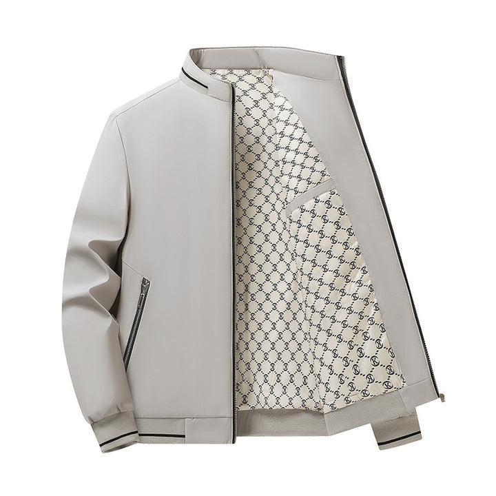 Men's Lightweight Bomber Jacket with Stand Collar, Zipper & Patterned Satin Lining Mune Fashion