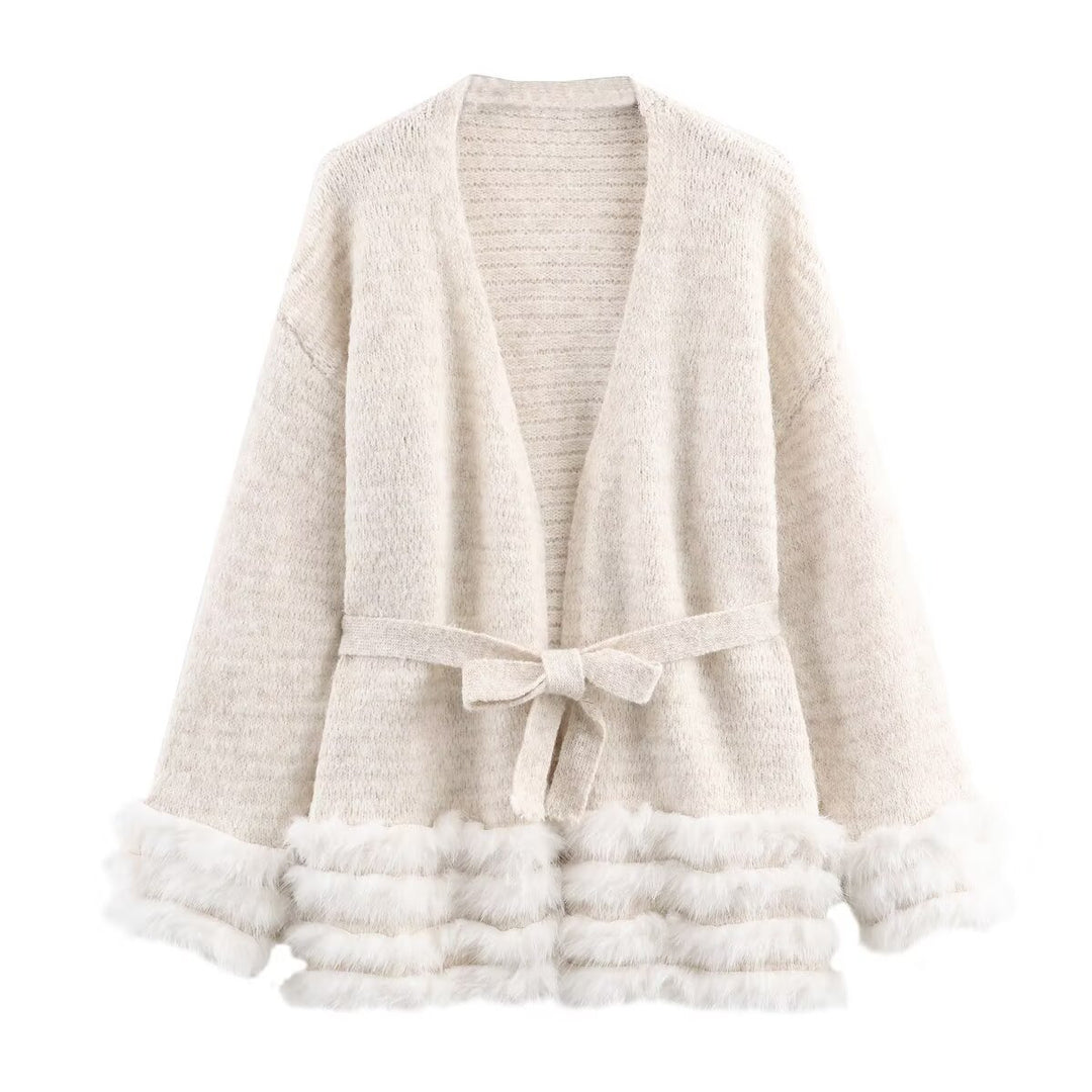 Women's Knit Cardigan with Tie Belt and Faux Fur Trim Mune Fashion