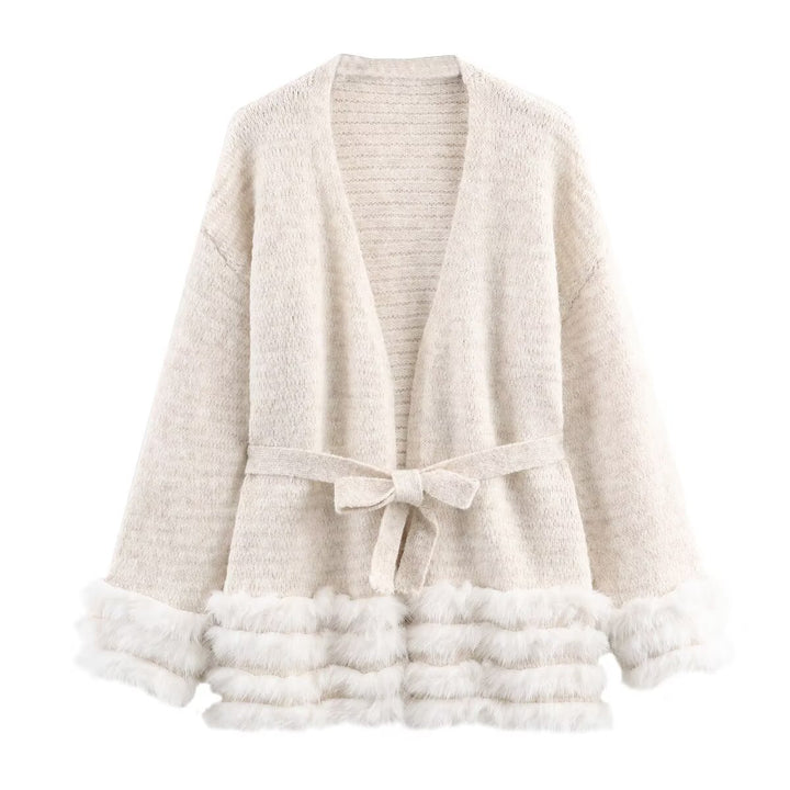 Women's Knit Cardigan with Tie Belt and Faux Fur Trim Mune Fashion