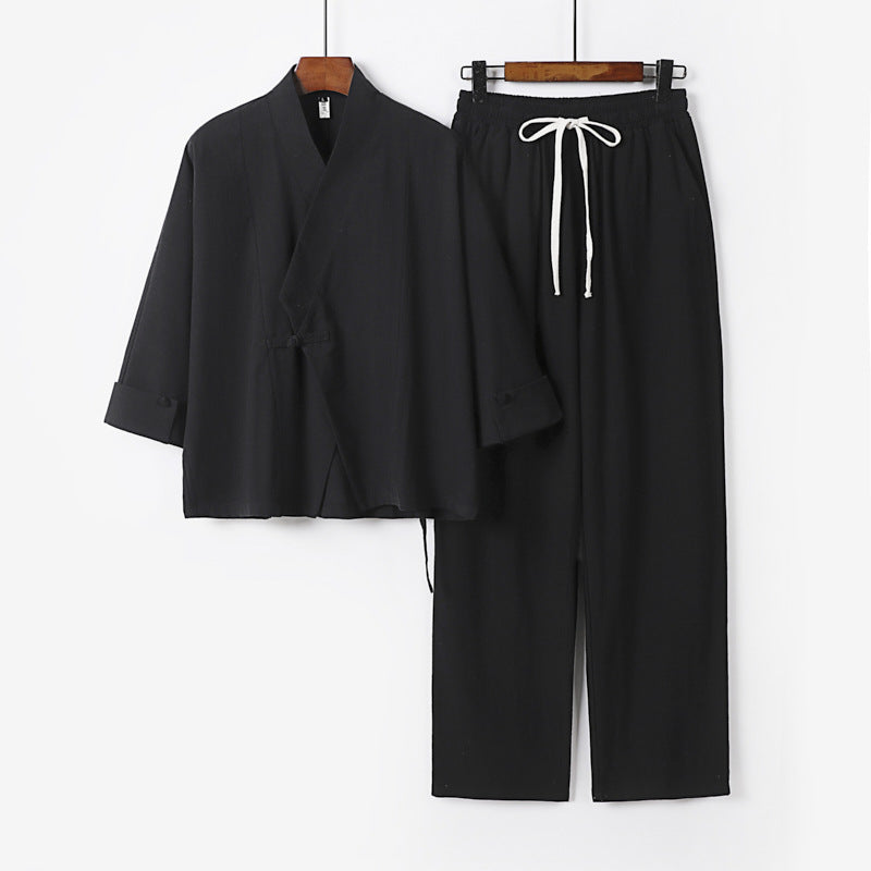 Unisex Lightweight Zen Lounge Set in Kimono Style with Dropped Shoulder Concealed Knot Placket and Elastic Drawstring Pants Mune Fashion