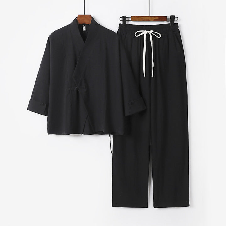 Unisex Lightweight Zen Lounge Set in Kimono Style with Dropped Shoulder Concealed Knot Placket and Elastic Drawstring Pants Mune Fashion