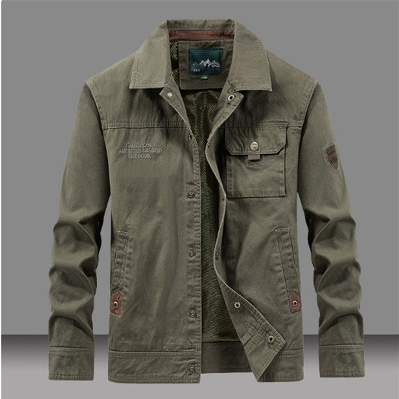 Men's Canvas Work Jacket with Button Placket, Patch Chest Pocket and Shirt Collar Mune Fashion