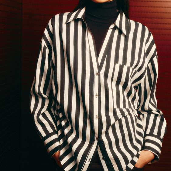 Women Oversized Shirt Blouse with Vertical Stripe Pattern and Side Lacing Mune Fashion