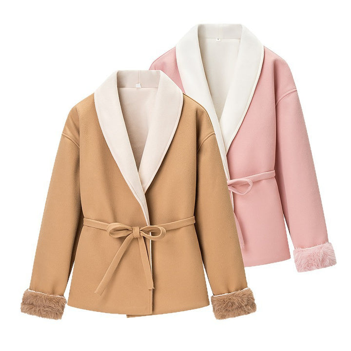 Women's short blazer coat with kimono shawl collar, waist belt, and faux fur cuffs Mune Fashion