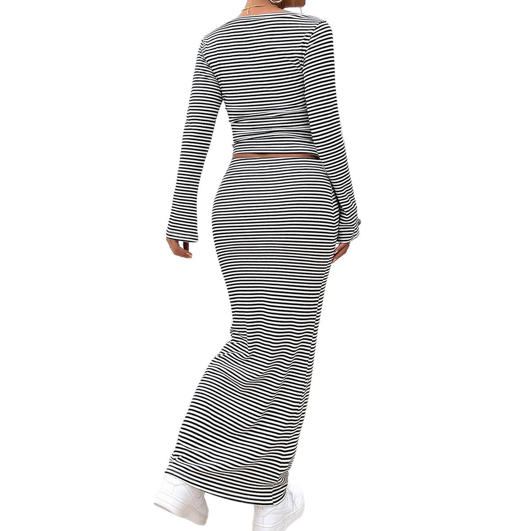 Women's striped two-piece bodycon set with long sleeve crop top and tailored maxi skirt Mune Fashion