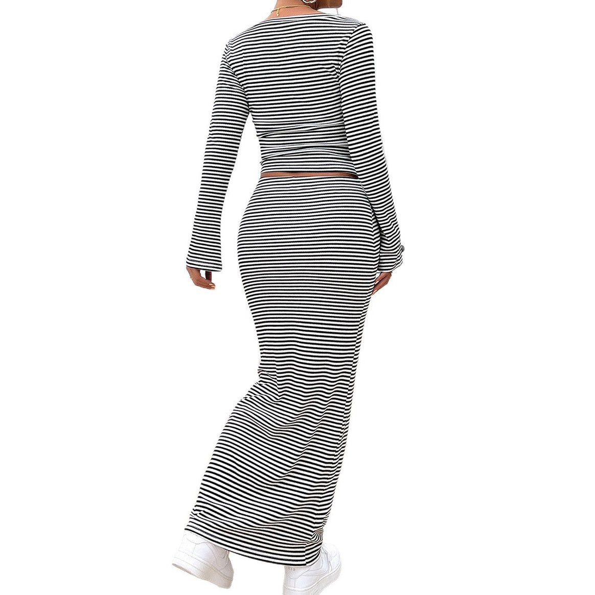 Women's striped two-piece bodycon set with long sleeve crop top and tailored maxi skirt Mune Fashion