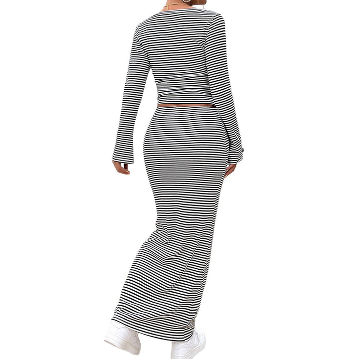 Women's striped two-piece bodycon set with long sleeve crop top and tailored maxi skirt Mune Fashion
