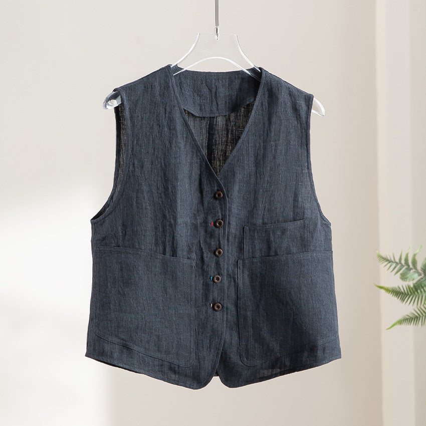 Women's linen vest with V-neck, patch pockets, and relaxed fit Mune Fashion