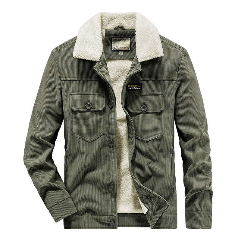 Men's Cord Worker Jacket in Trucker Style with Snap Button Closure and Flap Pockets Mune Fashion