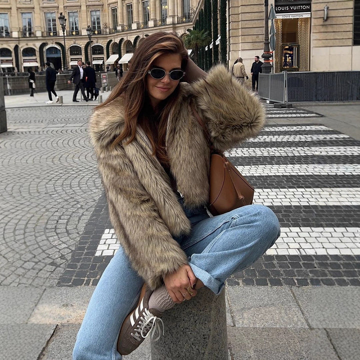 Women's Short Cut Faux-Fur Boxy Coat with Hood and Zip Mune Fashion